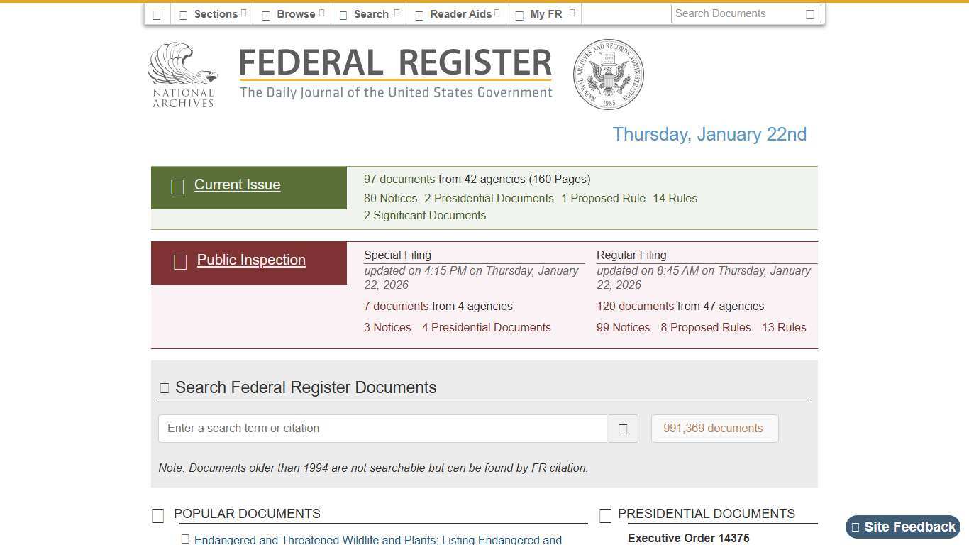 Federal Register :: Home - Thursday, January 22nd